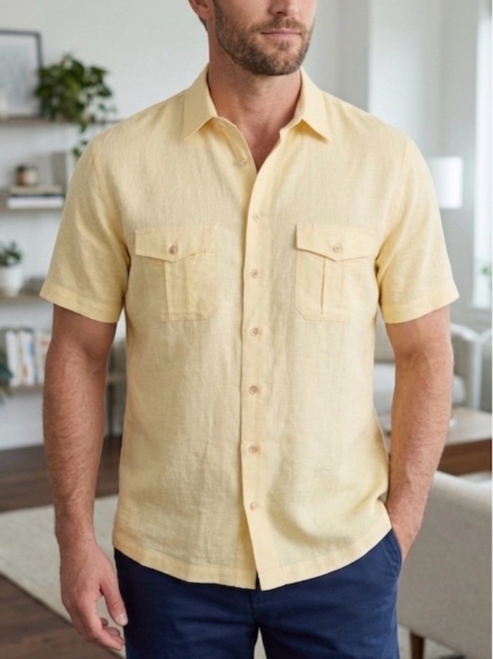 Paul Fredrick 100% Linen Shirt XL Yellow Short Sleeve NWOT